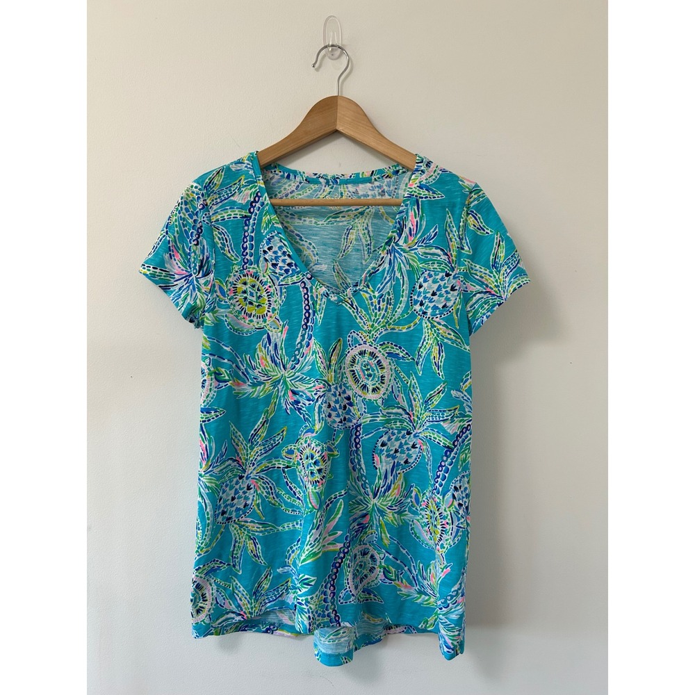 Lilly Pulitzer Etta V-Neck Tee Sea Turtle To Shore Turquoise Cotton Top Small